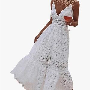 White Tiered Maxi Sundress with Plunge Neckline for Brides